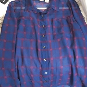 MUDD Sheer button down Purple Blue Red Stripe Blouse Top Sz XL